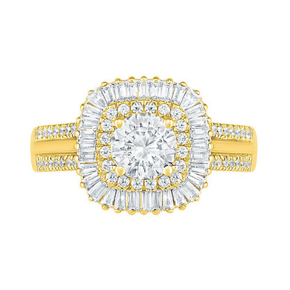 1.5 CT. T.W. Baguette and Round Natural Diamond Cushion-Shaped Sunburst Frame Bridal Engagement Ring Set in Solid 10K Yellow Gold
