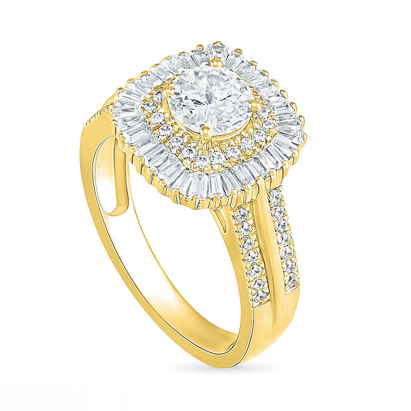 1.5 CT. T.W. Baguette and Round Natural Diamond Cushion-Shaped Sunburst Frame Bridal Engagement Ring Set in Solid 10K Yellow Gold