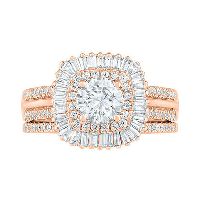 1.5 CT. T.W. Baguette and Round Natural Diamond Cushion-Shaped Sunburst Frame Bridal Engagement Ring Set in Solid 10K Rose Gold