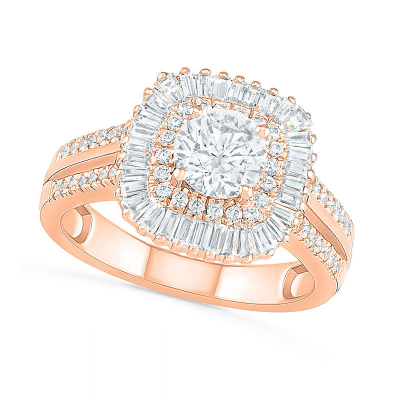1.5 CT. T.W. Baguette and Round Natural Diamond Cushion-Shaped Sunburst Frame Bridal Engagement Ring Set in Solid 10K Rose Gold