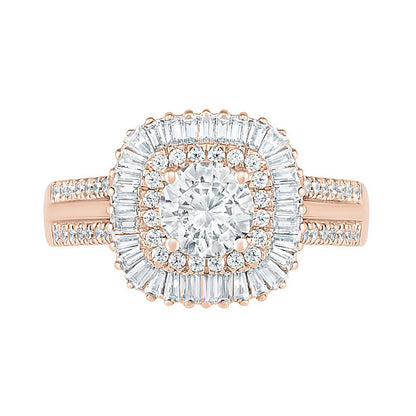 1.5 CT. T.W. Baguette and Round Natural Diamond Cushion-Shaped Sunburst Frame Bridal Engagement Ring Set in Solid 10K Rose Gold