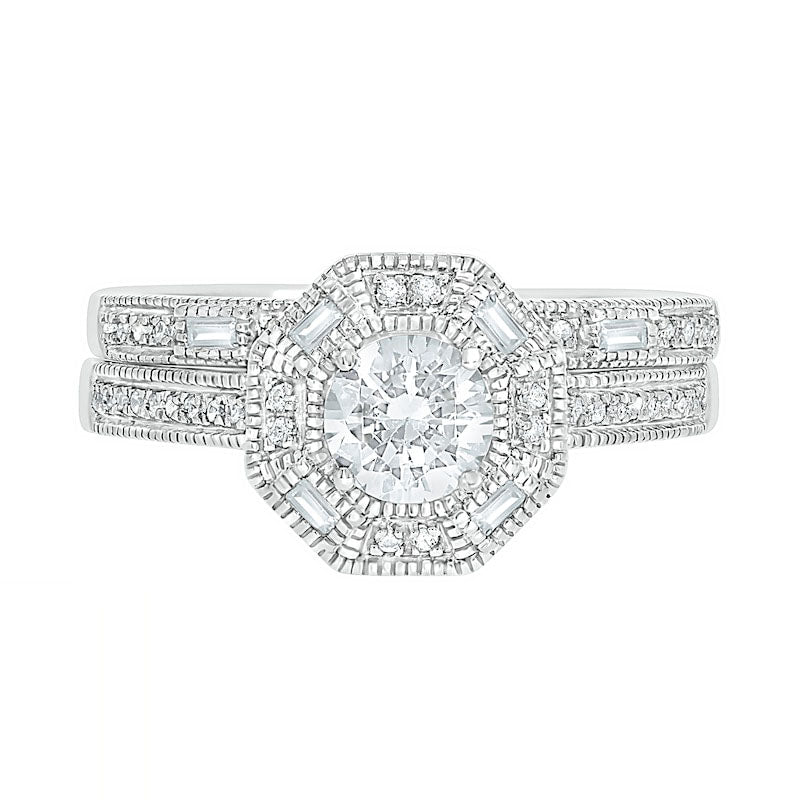 0.75 CT. T.W. Baguette and Round Natural Diamond Octagonal Frame Antique Vintage-Style Bridal Engagement Ring Set in Solid 10K White Gold