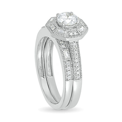 0.75 CT. T.W. Baguette and Round Natural Diamond Octagonal Frame Antique Vintage-Style Bridal Engagement Ring Set in Solid 10K White Gold