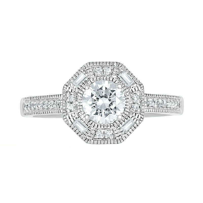 0.75 CT. T.W. Baguette and Round Natural Diamond Octagonal Frame Antique Vintage-Style Bridal Engagement Ring Set in Solid 10K White Gold
