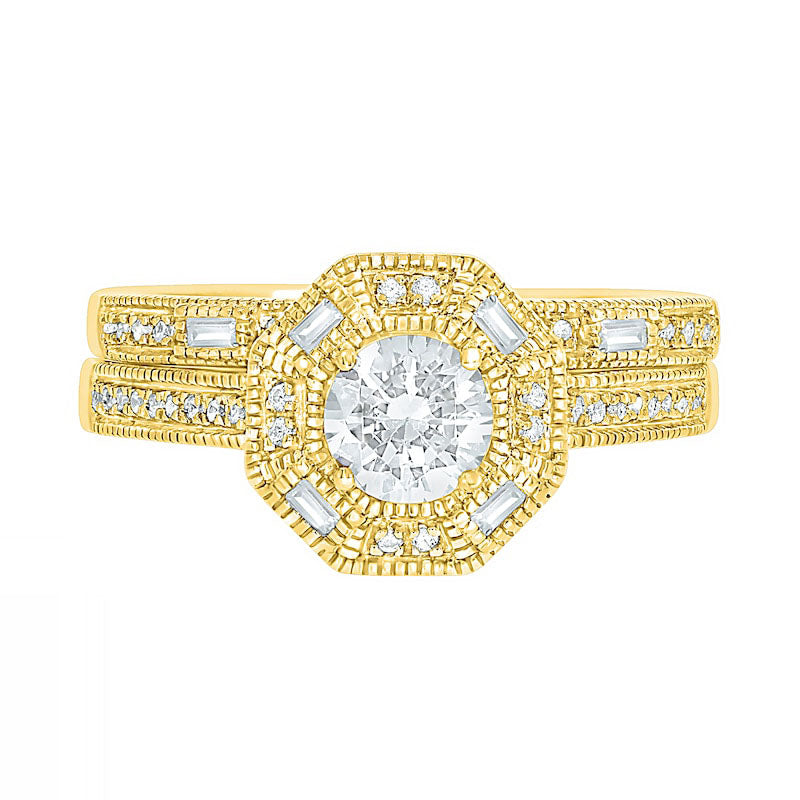 0.75 CT. T.W. Baguette and Round Natural Diamond Octagonal Frame Antique Vintage-Style Bridal Engagement Ring Set in Solid 10K Yellow Gold