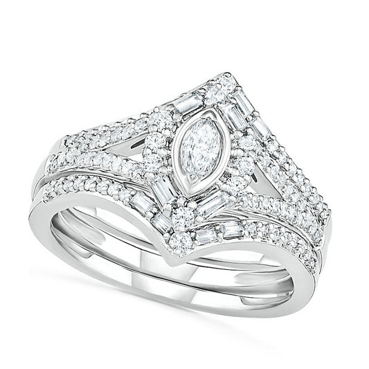 0.75 CT. T.W. Multi-Shape Natural Diamond Chevron Split Shank Bridal Engagement Ring Set in Solid 10K White Gold