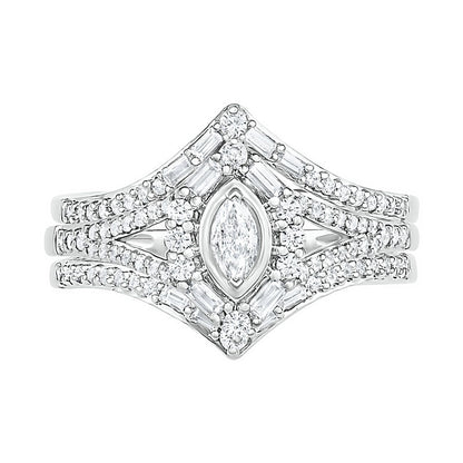 0.75 CT. T.W. Multi-Shape Natural Diamond Chevron Split Shank Bridal Engagement Ring Set in Solid 10K White Gold