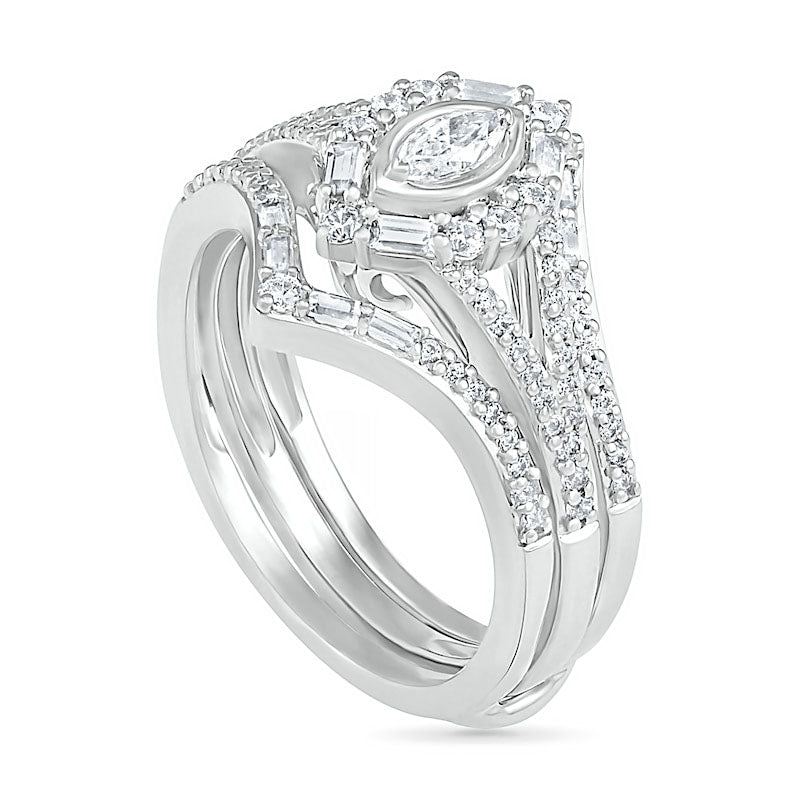 0.75 CT. T.W. Multi-Shape Natural Diamond Chevron Split Shank Bridal Engagement Ring Set in Solid 10K White Gold
