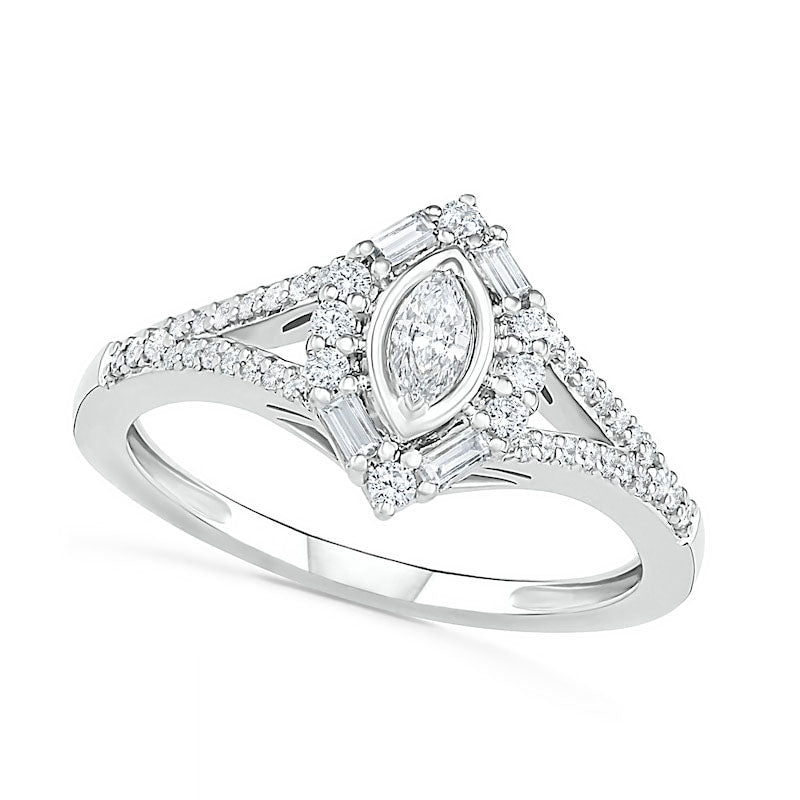 0.75 CT. T.W. Multi-Shape Natural Diamond Chevron Split Shank Bridal Engagement Ring Set in Solid 10K White Gold