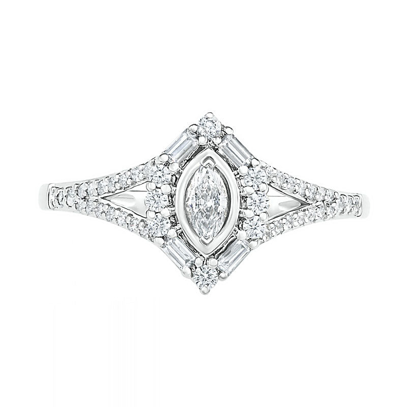 0.75 CT. T.W. Multi-Shape Natural Diamond Chevron Split Shank Bridal Engagement Ring Set in Solid 10K White Gold