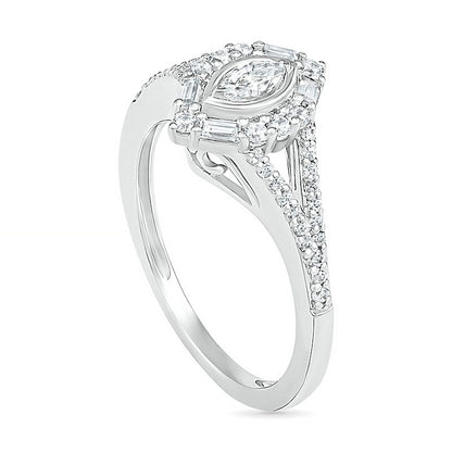 0.75 CT. T.W. Multi-Shape Natural Diamond Chevron Split Shank Bridal Engagement Ring Set in Solid 10K White Gold