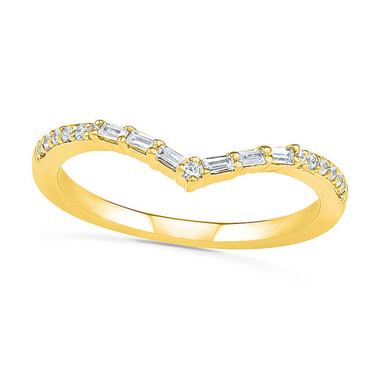0.17 CT. T.W. Baguette and Round Natural Diamond Chevron Anniversary Band in Solid 10K Yellow Gold