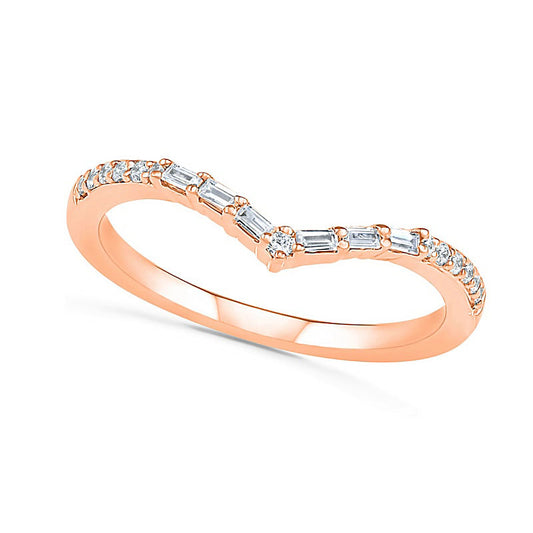 0.17 CT. T.W. Baguette and Round Natural Diamond Chevron Anniversary Band in Solid 10K Rose Gold