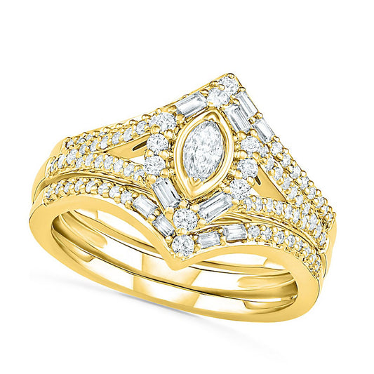 0.75 CT. T.W. Multi-Shape Natural Diamond Chevron Split Shank Bridal Engagement Ring Set in Solid 10K Yellow Gold