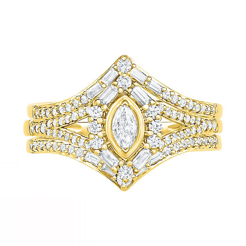 0.75 CT. T.W. Multi-Shape Natural Diamond Chevron Split Shank Bridal Engagement Ring Set in Solid 10K Yellow Gold