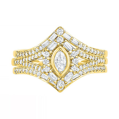 0.75 CT. T.W. Multi-Shape Natural Diamond Chevron Split Shank Bridal Engagement Ring Set in Solid 10K Yellow Gold