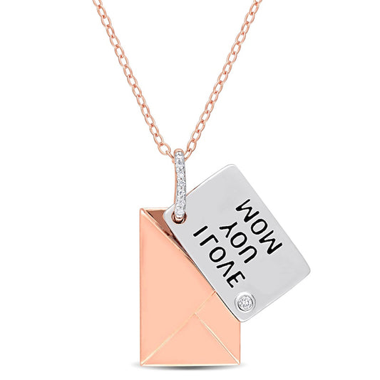 Natural Diamond Accent "I LOVE YOU MOM" Letter Pendant in Sterling Silver with Rose Rhodium Plate