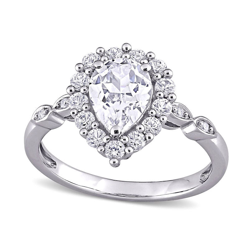 Pear-Shaped White Lab-Created Sapphire and Diamond Accent Frame Art Deco Engagement Ring in Solid 10K White Gold