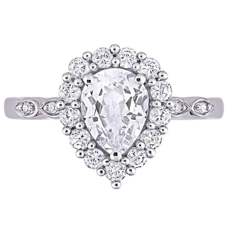 Pear-Shaped White Lab-Created Sapphire and Diamond Accent Frame Art Deco Engagement Ring in Solid 10K White Gold