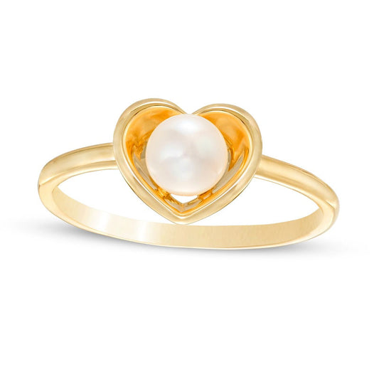 5.0-5.5mm Cultured Freshwater Pearl Heart Frame Ring in Solid 10K Yellow Gold