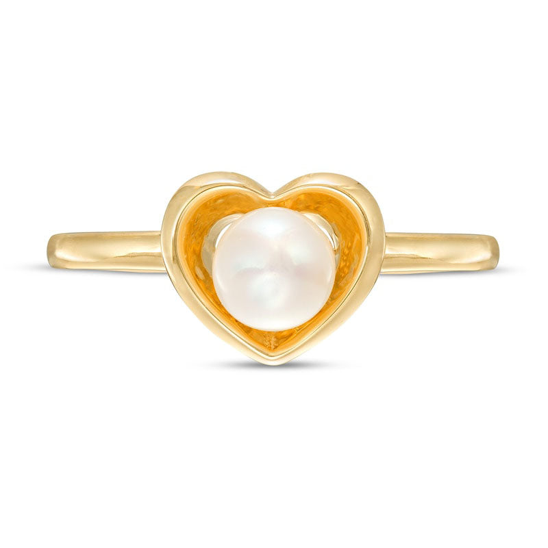 5.0-5.5mm Cultured Freshwater Pearl Heart Frame Ring in Solid 10K Yellow Gold