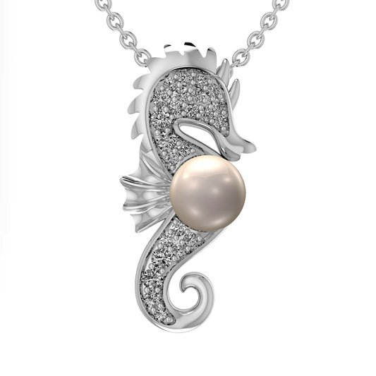 5.0mm Cultured Freshwater Pearl and Lab-Created White Sapphire Seahorse Pendant in Sterling Silver
