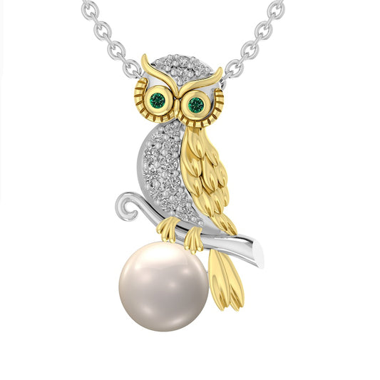 Cultured Freshwater Pearl, Lab-Created White Sapphire and Emerald Owl Pendant in Sterling Silver and 14K Gold Plate