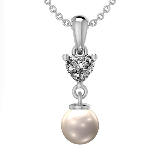 7.0mm Cultured Freshwater Pearl and Heart-Shaped Lab-Created White Sapphire Double Drop Pendant in Sterling Silver