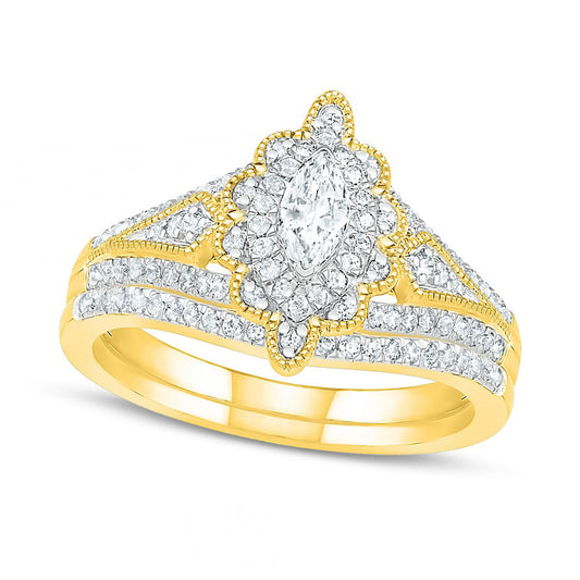 0.75 CT. T.W. Marquise Natural Diamond Scallop Edge Frame Antique Vintage-Style Bridal Engagement Ring Set in Solid 10K Yellow Gold