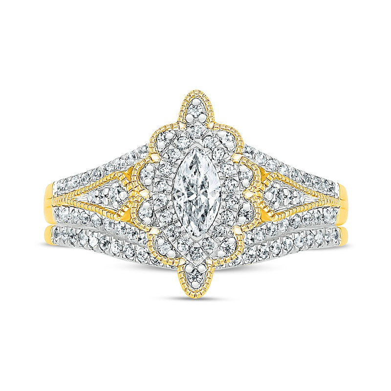 0.75 CT. T.W. Marquise Natural Diamond Scallop Edge Frame Antique Vintage-Style Bridal Engagement Ring Set in Solid 10K Yellow Gold