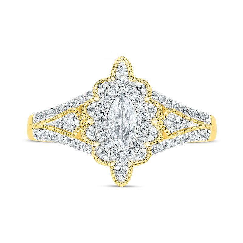 0.75 CT. T.W. Marquise Natural Diamond Scallop Edge Frame Antique Vintage-Style Bridal Engagement Ring Set in Solid 10K Yellow Gold