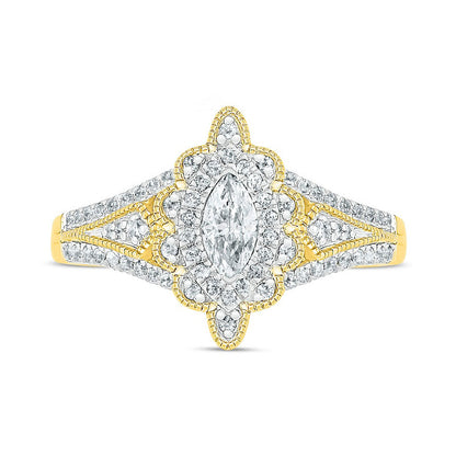 0.75 CT. T.W. Marquise Natural Diamond Scallop Edge Frame Antique Vintage-Style Bridal Engagement Ring Set in Solid 10K Yellow Gold