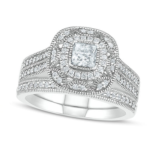 0.75 CT. T.W. Princess-Cut Natural Diamond Frame Antique Vintage-Style Bridal Engagement Ring Set in Solid 10K White Gold