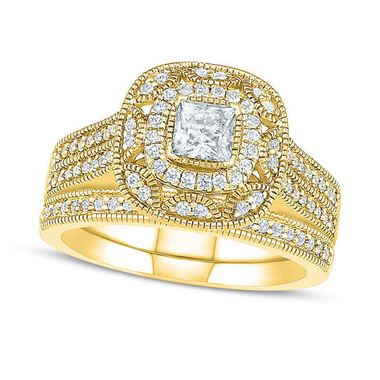 0.75 CT. T.W. Princess-Cut Natural Diamond Frame Antique Vintage-Style Bridal Engagement Ring Set in Solid 10K Yellow Gold
