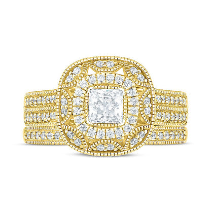 0.75 CT. T.W. Princess-Cut Natural Diamond Frame Antique Vintage-Style Bridal Engagement Ring Set in Solid 10K Yellow Gold
