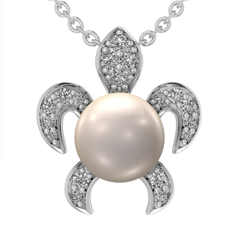 7.0mm Cultured Freshwater Pearl and 0.05 CT. T.W. Natural Diamond Sea Turtle Pendant in Sterling Silver
