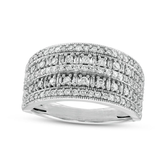0.50 CT. T.W. Baguette and Round Natural Diamond Antique Vintage-Style Multi-Row Anniversary Band in Solid 10K White Gold