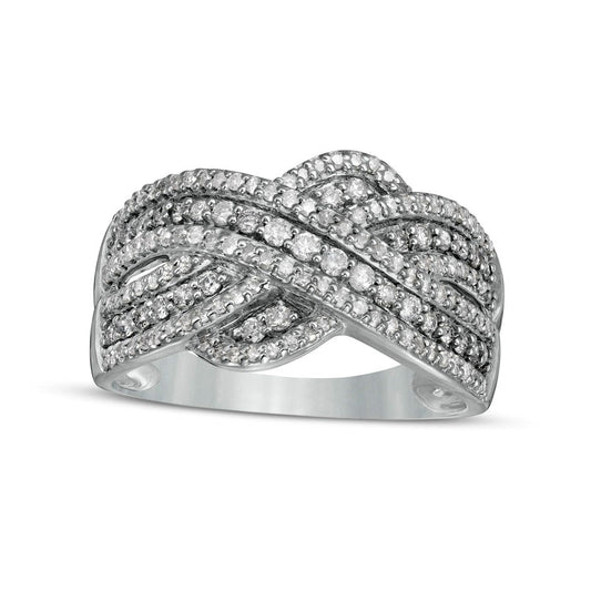 0.63 CT. T.W. Natural Diamond Multi-Row Crossover Anniversary Band in Solid 10K White Gold