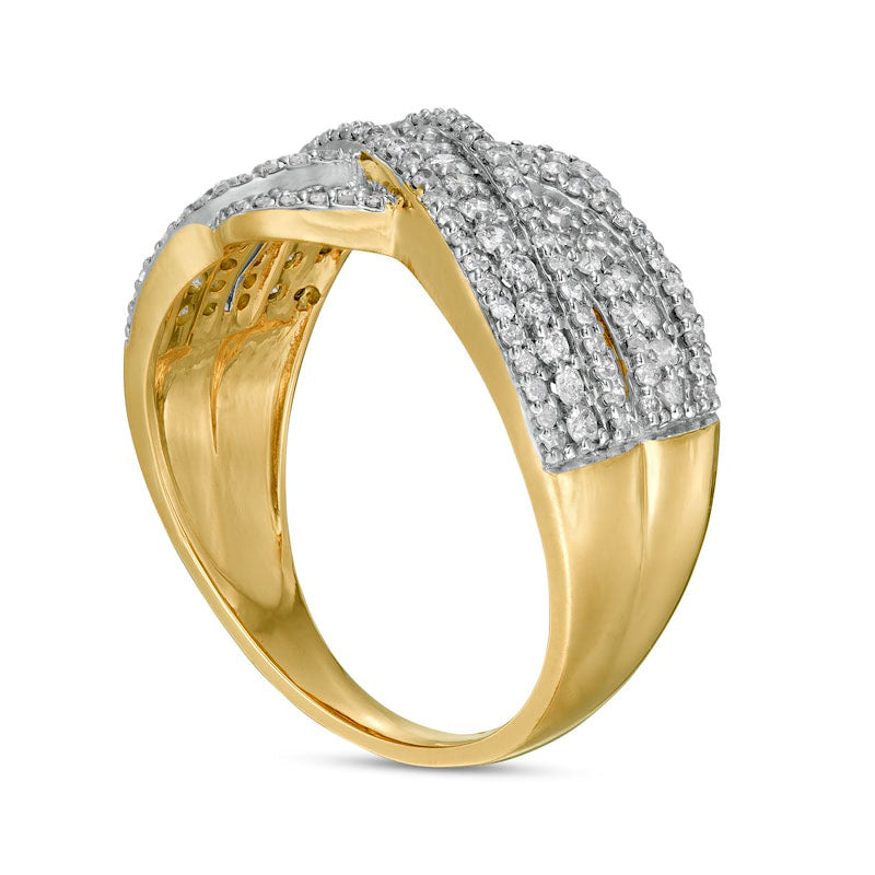 0.63 CT. T.W. Natural Diamond Multi-Row Crossover Anniversary Band in Solid 10K Yellow Gold