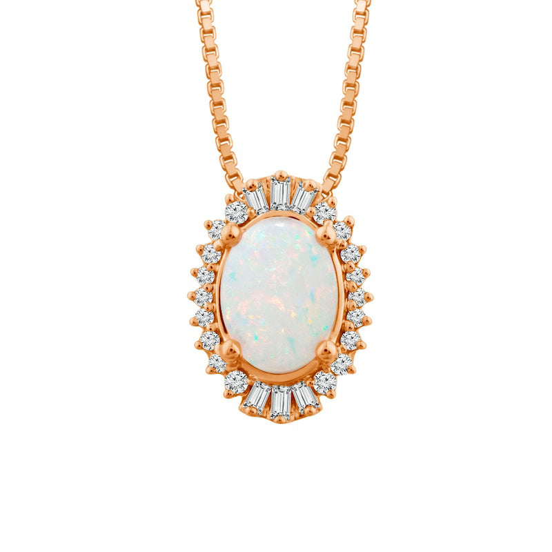 Oval Opal and 0.13 CT. T.W. Baguette and Round Natural Diamond Starburst Frame Pendant in 14K Rose Gold