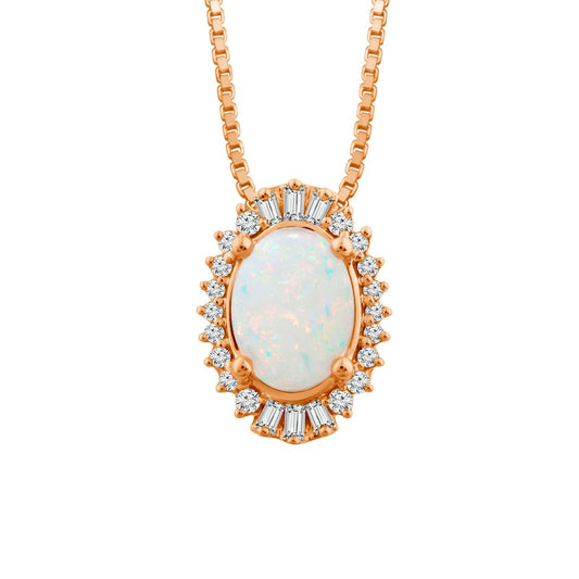Oval Opal and 0.13 CT. T.W. Baguette and Round Natural Diamond Starburst Frame Pendant in 14K Rose Gold