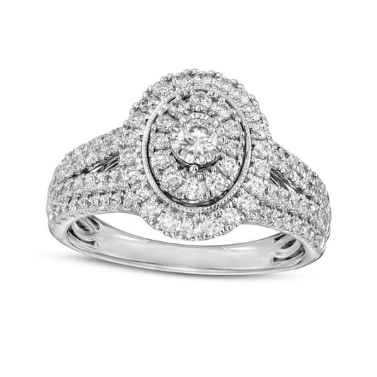 1.0 CT. T.W. Natural Diamond Double Oval Frame Antique Vintage-Style Split Shank Engagement Ring in Solid 10K White Gold