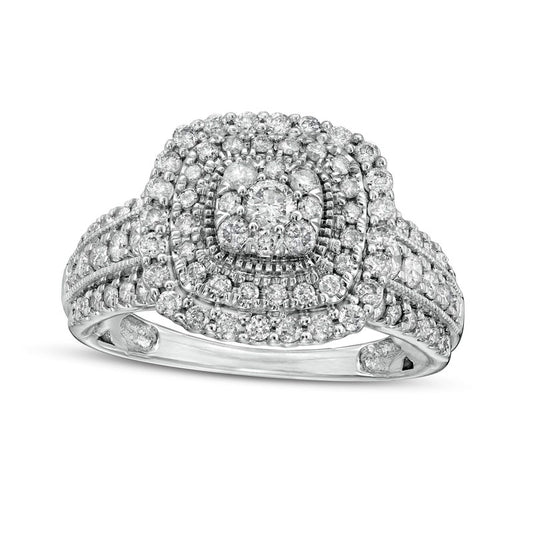 1.0 CT. T.W. Natural Diamond Triple Cushion-Shaped Frame Antique Vintage-Style Engagement Ring in Solid 10K White Gold