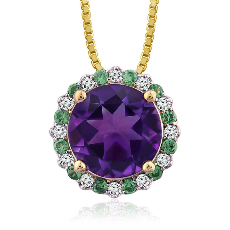 Captivating Color 10.0mm Amethyst, Tsavorite and 0.13 CT. T.W. Natural Diamond Frame Flower Pendant in 14K Gold