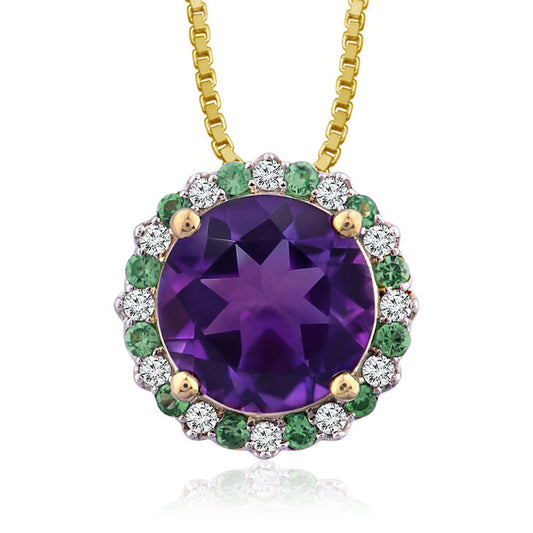 Captivating Color 10.0mm Amethyst, Tsavorite and 0.13 CT. T.W. Natural Diamond Frame Flower Pendant in 14K Gold