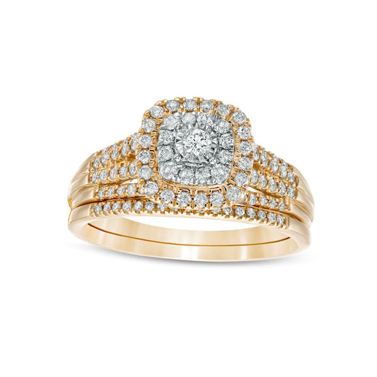 0.50 CT. T.W. Natural Diamond Double Cushion-Shaped Multi-Row Bridal Engagement Ring Set in Solid 10K Yellow Gold
