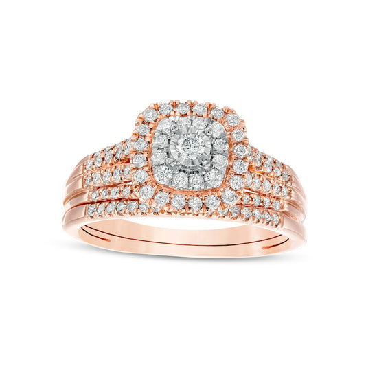0.50 CT. T.W. Natural Diamond Double Cushion-Shaped Multi-Row Bridal Engagement Ring Set in Solid 10K Rose Gold
