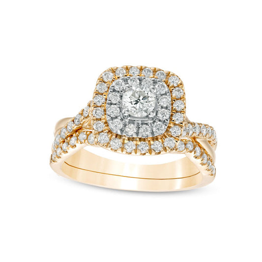 1.0 CT. T.W. Natural Diamond Double Cushion-Shaped Frame Crossover Bridal Engagement Ring Set in Solid 10K Yellow Gold