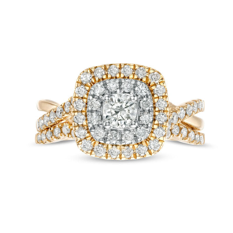 1.0 CT. T.W. Natural Diamond Double Cushion-Shaped Frame Crossover Bridal Engagement Ring Set in Solid 10K Yellow Gold