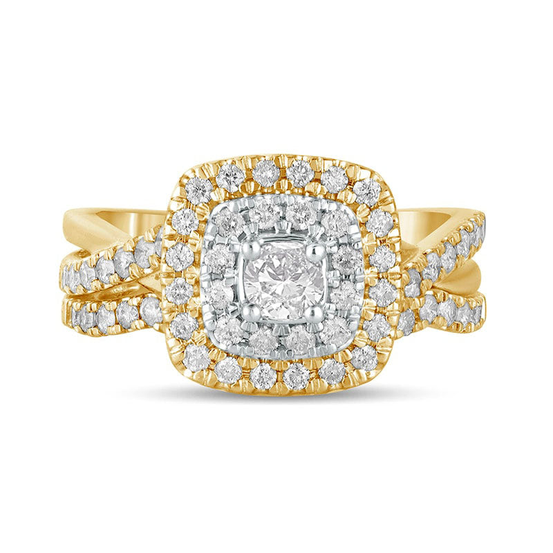1.0 CT. T.W. Natural Diamond Double Cushion-Shaped Frame Crossover Bridal Engagement Ring Set in Solid 10K Yellow Gold